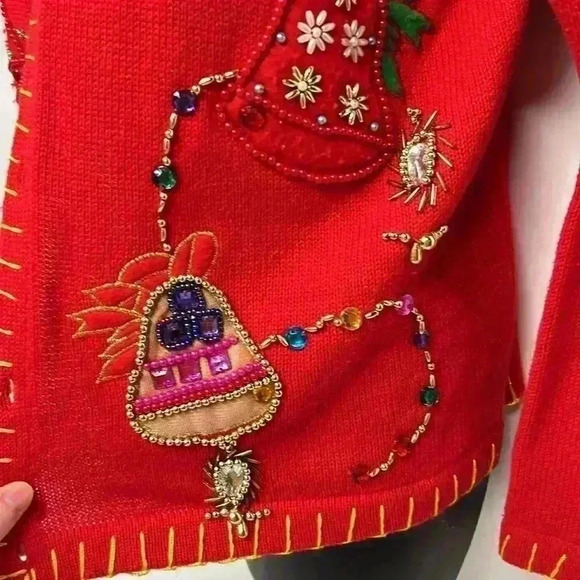 Victoria Harbor size medred, ugly Christmas sweater cardigan beaded bejeweled - Picture 2 of 7